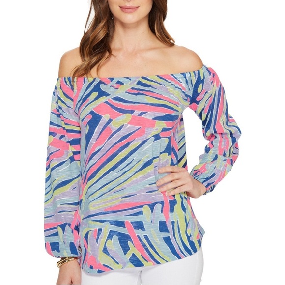 Lilly Pulitzer Enna Off The Shoulder Knit Blouse Top Cotton Print XS New 166831 - Picture 1 of 7